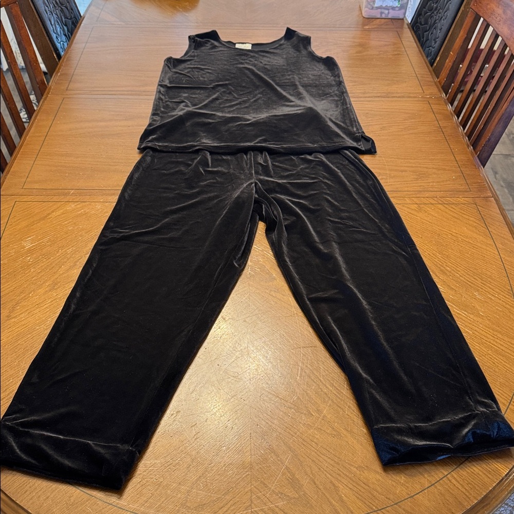 Vintage 90s Velvet 2-Piece Set Pull on Pants Sleeveless Top Black M Yi Lin EUC - Picture 1 of 14